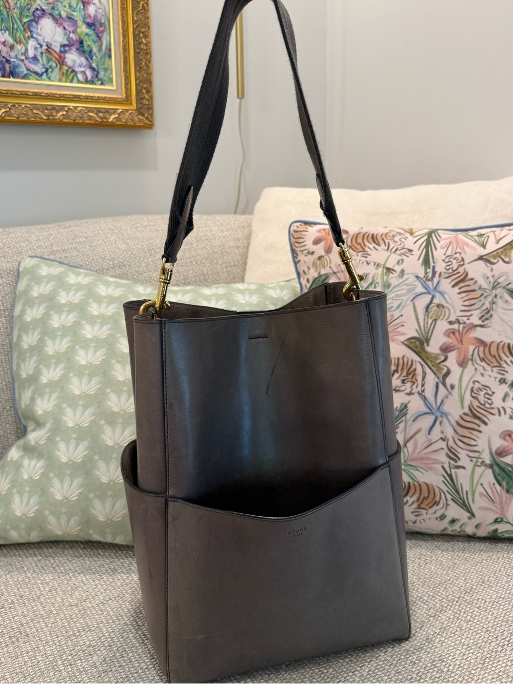 Celine Seau Sangle Bucket Bag in Smooth Taupe/Grey Leather